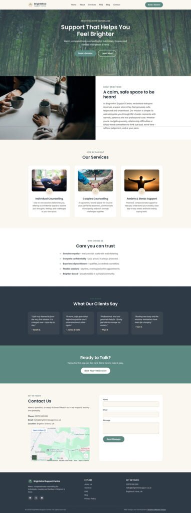 Screenshot of the BrightMind Support Centre website design